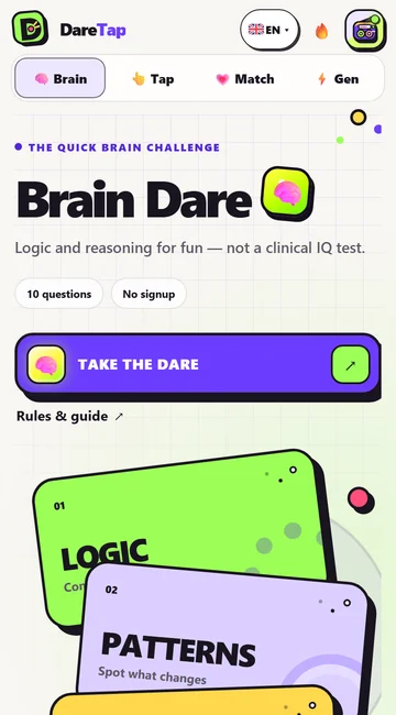DareTap on mobile: Brain Dare challenge selection
