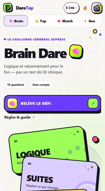 DareTap sur mobile : sélection des défis Brain Dare