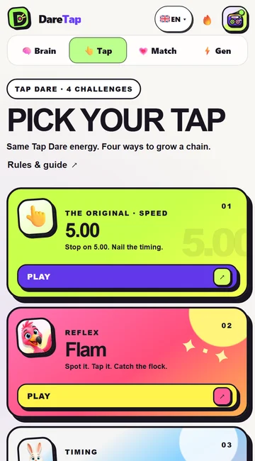 DareTap on mobile: Tap Dare challenge selection