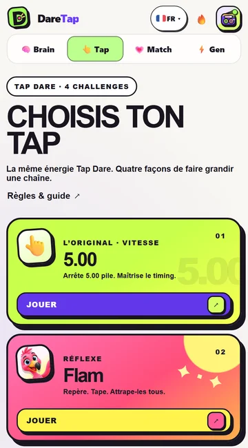 DareTap sur mobile : sélection des défis Tap Dare