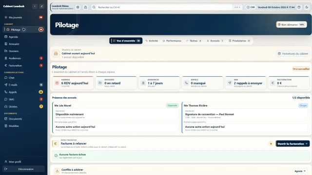 LawDesk dashboard: calendar, hearings and activity of a fictional law firm
