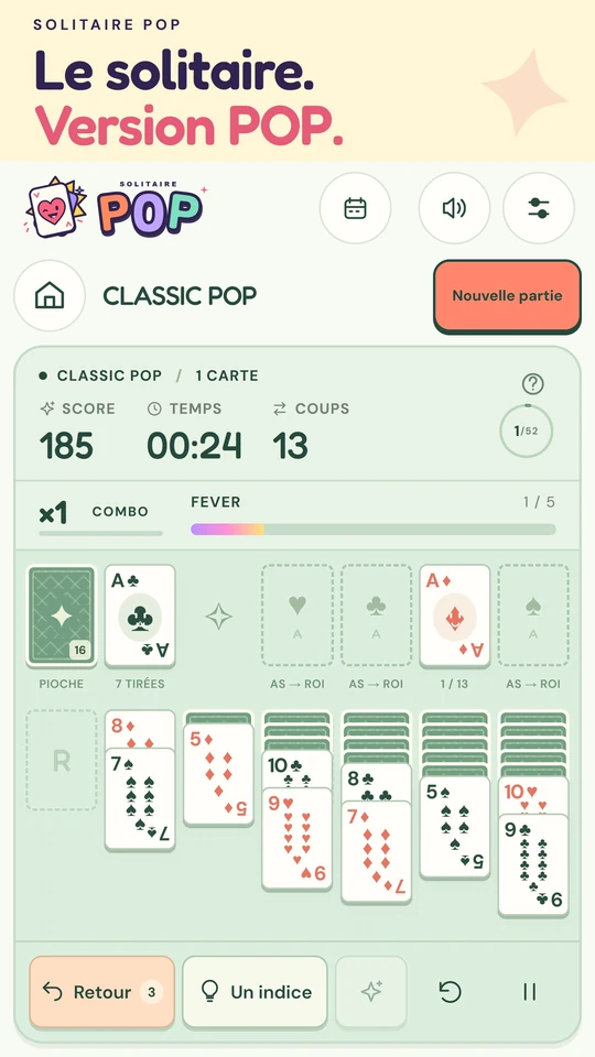 Classic POP en thème Menthe fraîche, avec le plateau Klondike et les compteurs de score et de combo