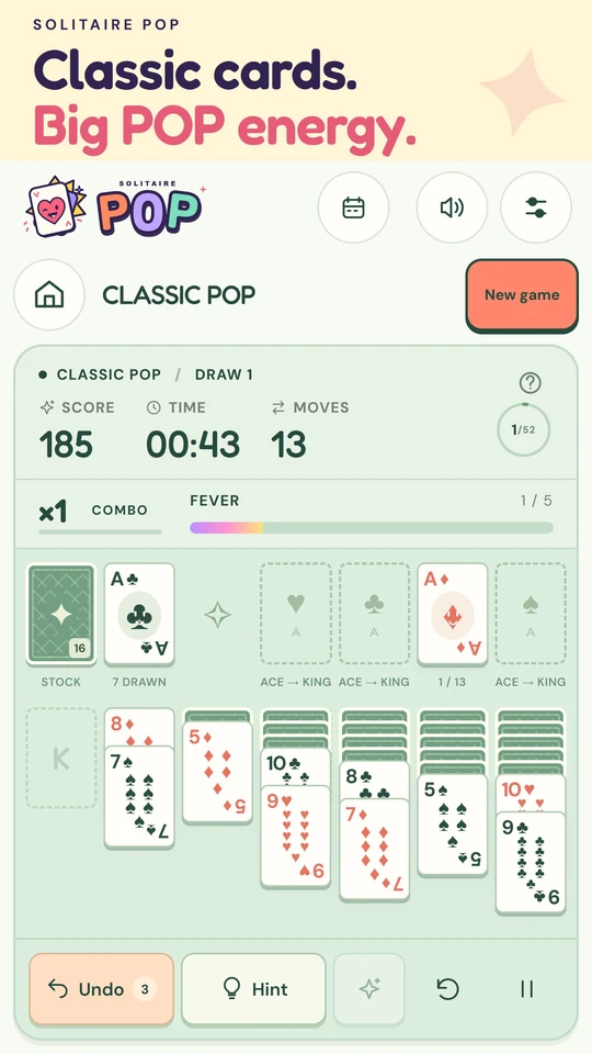Classic POP in the Fresh Mint theme, with the Klondike board and score and combo counters