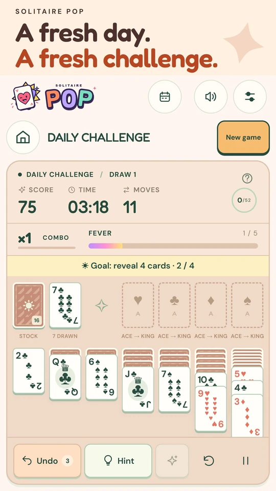 Solitaire POP daily challenge, with its goal and card layout