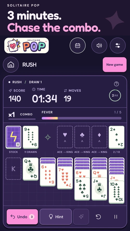 Rush mode with its countdown, card layout and Fever meter