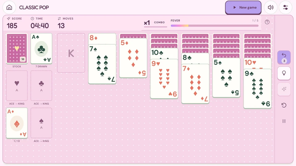 Solitaire POP in landscape on a large screen, in the pink Bubblegum theme