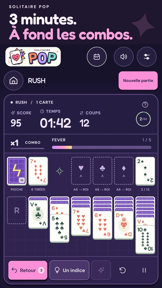 Mode Rush avec son compte à rebours, le plateau de cartes et une jauge Fever